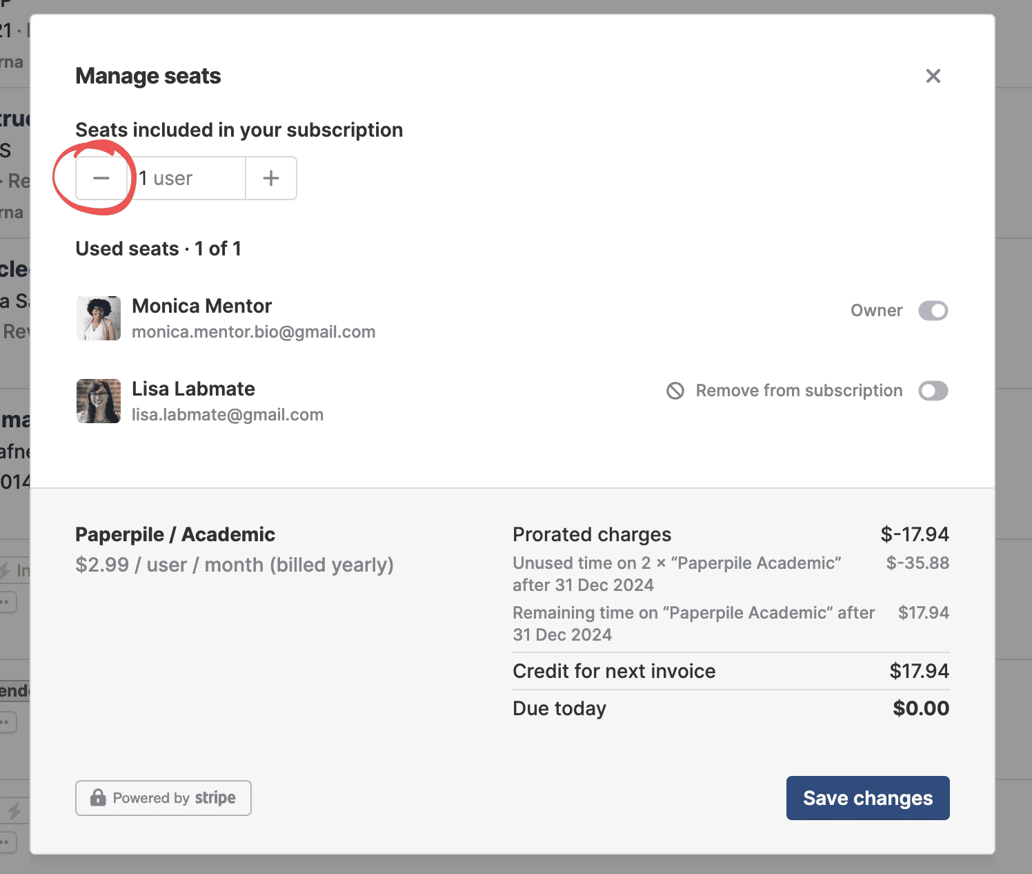 The “Manage seats” dialog with the circled minus button beside a 1-user seat count, a “Remove from subscription” toggle beside the second user, and a breakdown showing a $17.94 credit and $0.00 due today.